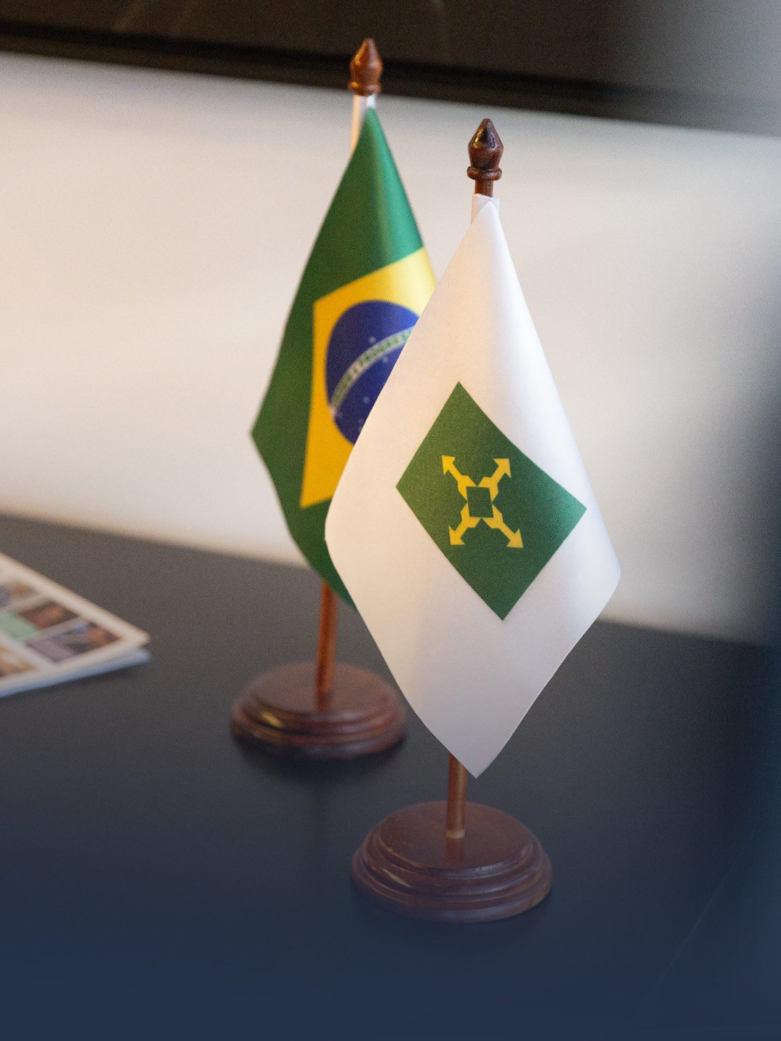 Bandeiras do Brasil e do Distrito Federal sobre mesa do escritório