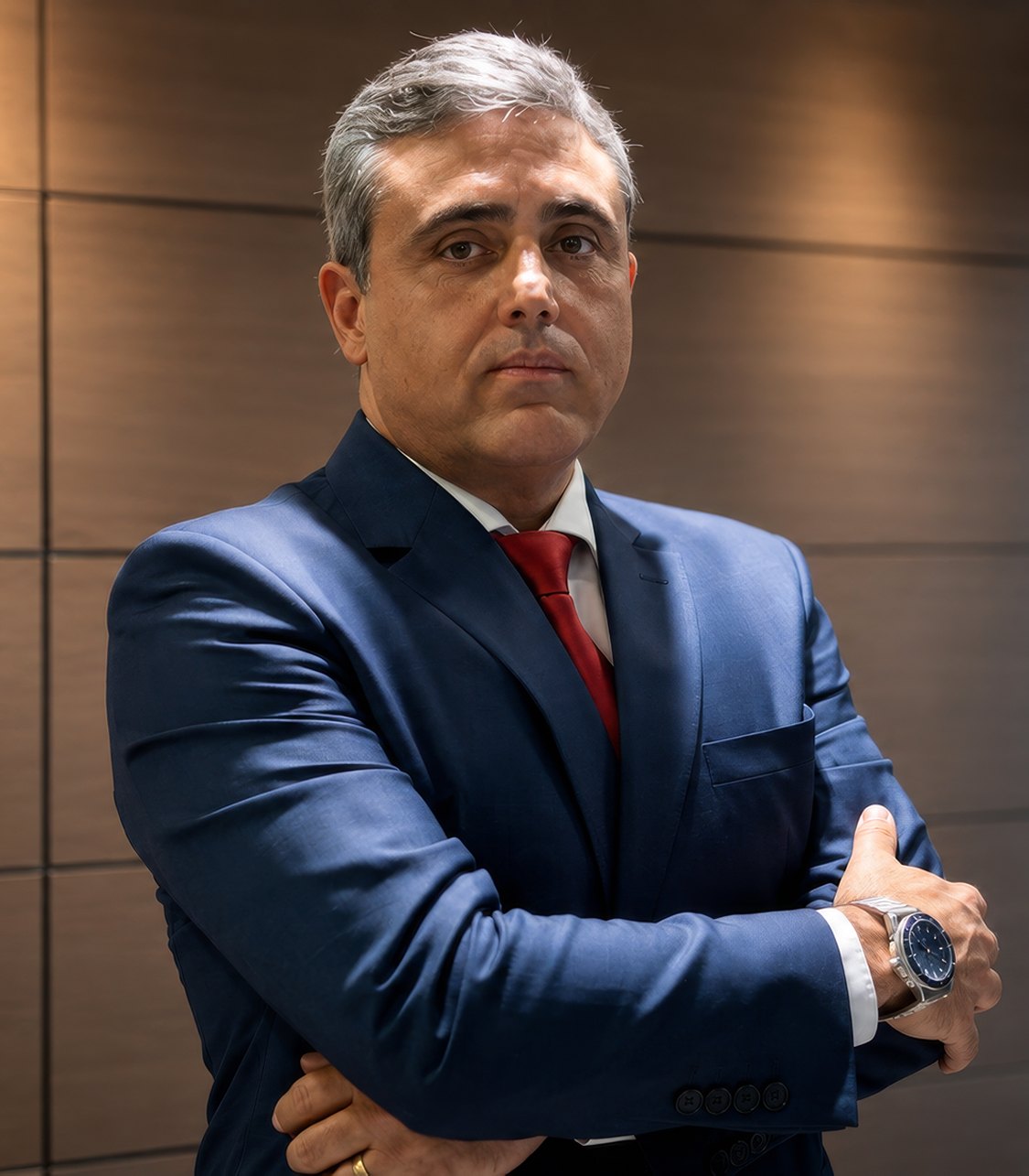 Dr. Rodrigo Fagundes, de terno azul, braços cruzados, em escritório com painéis de madeira